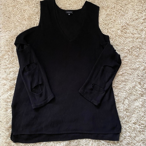 1. State Women's V-Neck Tunic/ Sweater with/ Cutout Sleeves - Black - Picture 8 of 13
